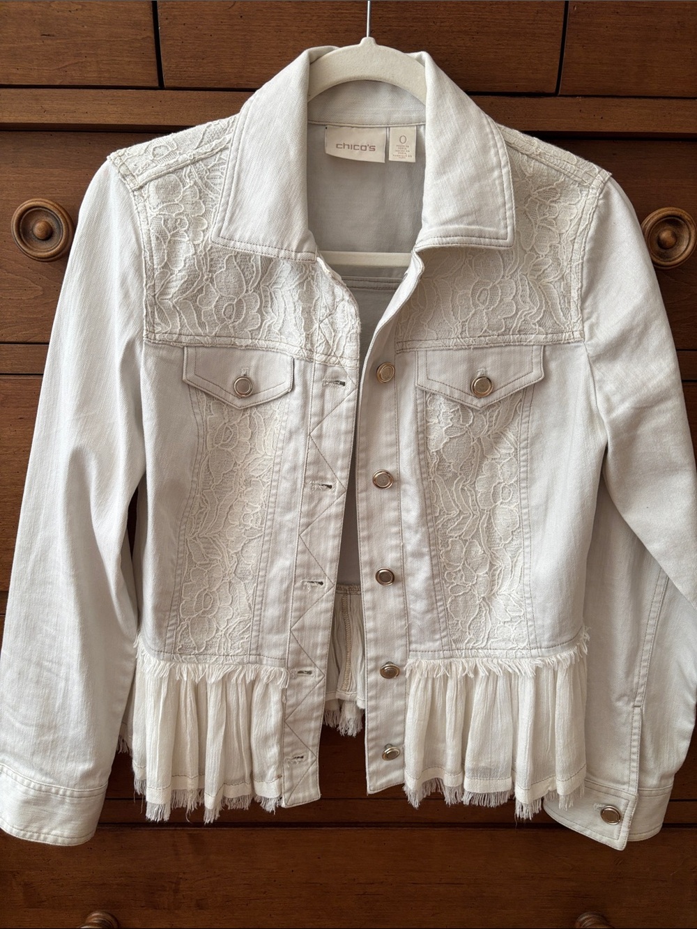 Chico's Ivory Lace-Trim Denim Jacket Sz 0